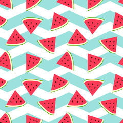 Watermelon seamless background with nice turquoise zig zag background. Fresh melon pattern.