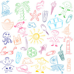 Colorful Hand Drawings of Summer Vacancies Symbols. Doodle Boats, Ice cream, Palms, Hat, Umbrella, Jellyfish, Cocktail, Sun and Kids. Vector Illustration.