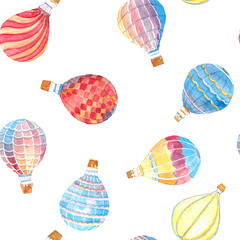 Watercolor hand drawn illustration seamless pattern background with set of Multicolored balloons isolated on white