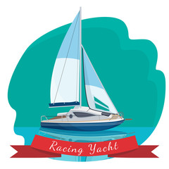 Racing yacht with sails drifting in sea vector illustration isolated