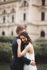 Fototapeta premium Beautiful wedding couple, bride, groom kissing and hugging against the background of theater