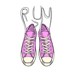 hand drawn graphic sport shoes, sneakers, trainers for run on white background. Doodle Design isolated object. Footwear for tennis.