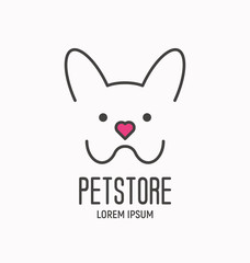 Simple colorful logotype with dog for vet clinic, pet shop, dog training or dog shelter. Vector illustration in modern flat line style.