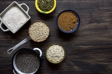 Chia seed on wooden board