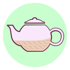Cute outline purple teapot, colorful vector teapot with tea icon