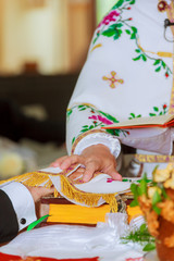 Fototapeta premium beautiful bride looks her fiance on wedding ceremony