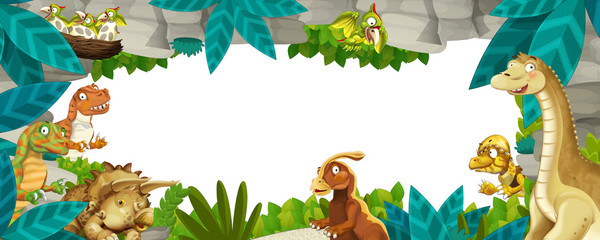 cartoon prehistoric nature frame with dinosaurs - illustration for children © honeyflavour