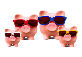 Piggy bank family with sunglasses