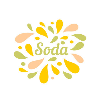 Soda color splash juice beverage logo, label, badge for groceries, fruit drink stores, packaging and advertising. Splash with drops Logotype design. Vector illustration