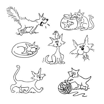 cat cartoon set . outlined cartoon drawing sketch illustration vector.
