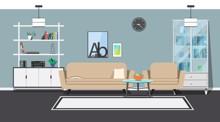 Modern interior. Sofa, armchair and coffee table. Cabinets and shelves with utensils. Decorative elements.