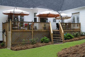Backyard Wood Deck Patio With Umbrellas