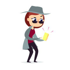 Mystery shopper woman in spy coat checks the goods