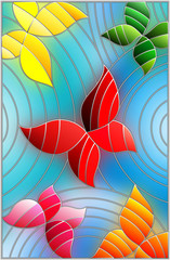 illustration in the style of stained glass with the colorful abstract butterflies on a blue background