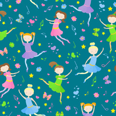 Seamless pattern on the theme of ballet and dance, cute girls dancers on a dark background © Zagory