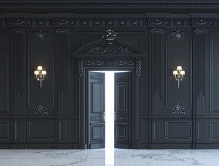 Black wall panels in classical style with silvering. 3d rendering