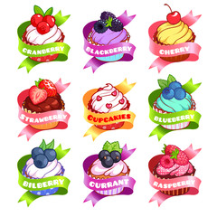 Nine stickers with ribbon and different cupcakes.