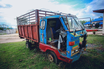multi-purposed car, vintage farm truck with blue sky