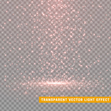 Glowing glitter light effects isolated realistic. Christmas decoration design element. Sunlight lens flare. Shining elements and stars. Red and pink texture. Transparent vector particles background.