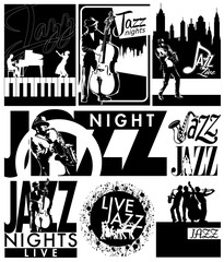 Naklejka premium Editable vector labels of jazz musicians in black and white for poster, shirt, sticker, flyer and others