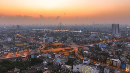 Aerial view Rama eight bridge at dusk in Bangkok.