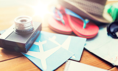 close up of camera, tickets and travel stuff