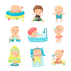 Cute little babies in different situations set. Happy smiling little boys and girls vector illustrations