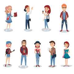 Obraz premium Young people in casual clothes standing set. Students with books, phones and backpacks characters vector illustrations