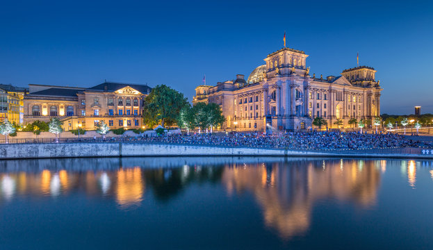 Berlin Reichstag with Spree river in twilight, central Berlin Mitte, Germany