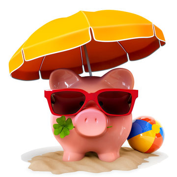 Piggy bank with red sunglasses, beachball, clover and sunshade on a resort island