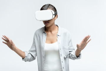 young casual woman using Virtual reality headset
