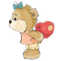 Vector illustration of a loving brown teddy bear girl hiding behind her plush red heart and about to kiss someone. Print, template, design element