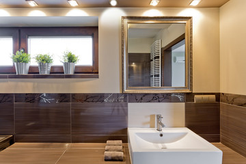 Brown bathroom with mirror above sink