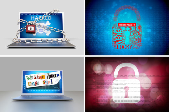 Ransomware - computer hacker icon set laptop padlock