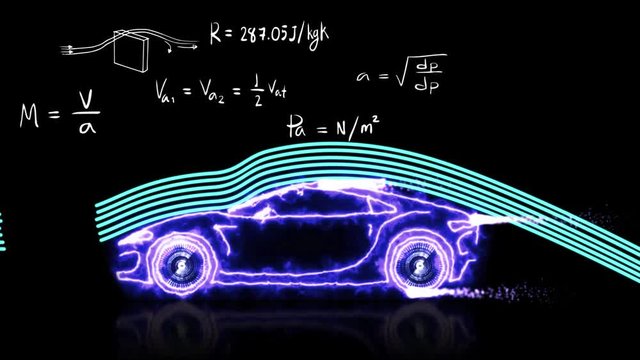 Car animation Aerodynamics theory and physics formula equation with title. Car model with doodle Aerodynamics engineering education used for title or academic presentation background in 4k.