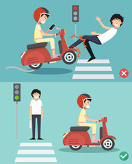 No texting, no talking. Right and wrong ways for riding a scooter to prevent an accident.illustration