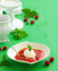 Dessert ricotta with homemade rhubarb compote.
