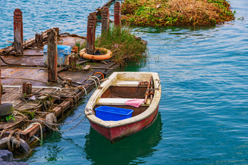 Boat and wooden raft
