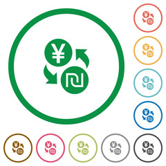 Yen new Shekel money exchange flat icons with outlines