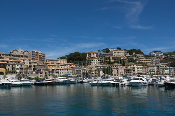 Marina view village of Port-Soller, Mallorca island, Balearic Islands, Spain.