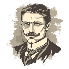 Sketch of a learned man with a mustache and a pince-nez - obrazy, fototapety, plakaty