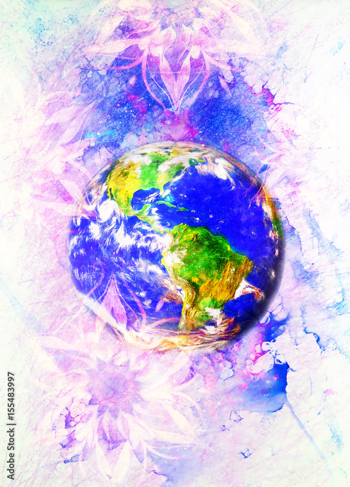 Poster planet earth in light circle. computer collage. earth concept. marble effect.