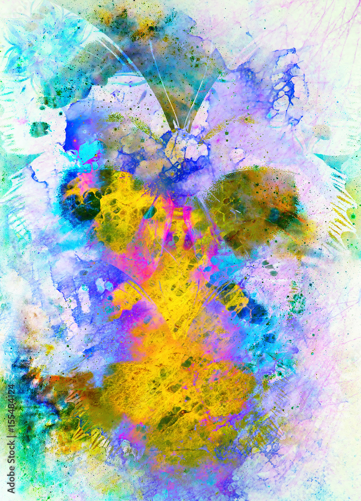 Poster illustration of a butterfly, mixed medium. abstract color background.