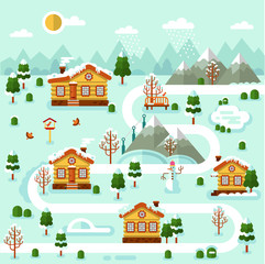 Flat design vector winter illustration of ski resort map. Included houses with icicles on the roof, rink, road, snowman, pond, bench, snowfall, birds, trees. Rest in the countryside.