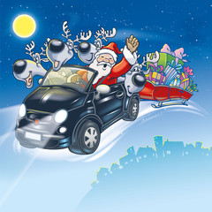 Santa Claus driving a car with his reindeers