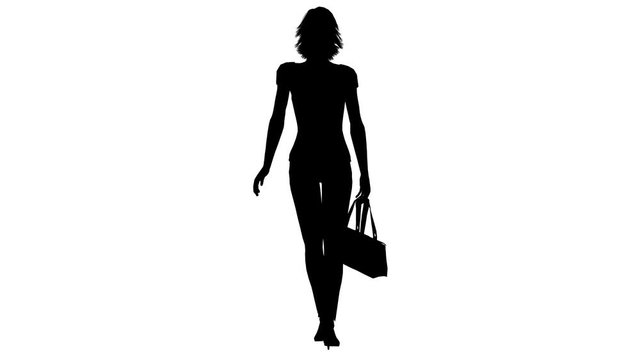 Black silhouette of a girl with a bag. Alpha channel. Alpha matte. 4K.