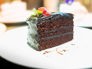 Soft chocolate cake on a white plate