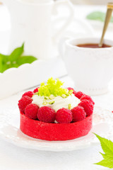 Tartlets with pistachio cream and raspberries.