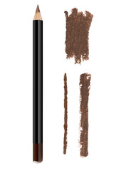 Brown color cosmetic eyeliner pencil and strokes, beauty product sample isolated on white background