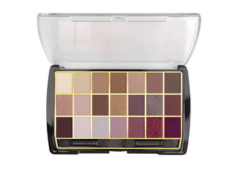 Top view eyeshadow pallete, set of twenty one neutral and pastel colors, beauty product isolated on white background, clipping path included